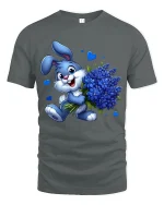 Cute Blue Bunny Bouquet Tee with Adorable Flower Art Design - gray t-shirt on white background