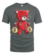 Savage Money Bear Tee with Badass Red Teddy Graphic Art - gray t-shirt on white background