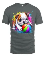 Color Splash Bulldog Tee with Cute Pup and Rainbow Ball Art - gray t-shirt on white background
