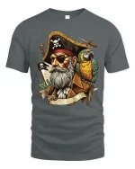 Vintage Pirate Captain Tee with Parrot and Bold Nautical Art - gray t-shirt on white background