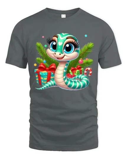 Cute Christmas Snake Tee with Gifts and Holiday Cheer Design - gray t-shirt on white background