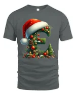 Christmas Letter E Tee Festive Santa Hat Holiday Design - gray t-shirt on white background