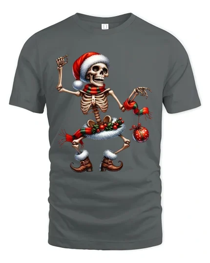 Dancing Christmas Skeleton Tee Funny Festive Holiday Design - gray t-shirt on white background