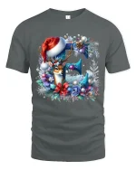 Christmas Floral E Initial Tee with Cute Deer Holiday Design - gray t-shirt on white background