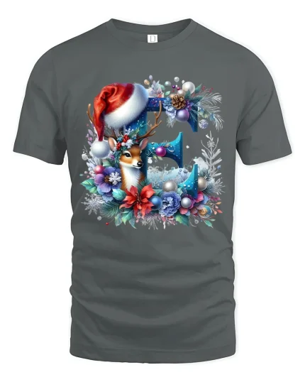 Christmas Floral E Initial Tee with Cute Deer Holiday Design - gray t-shirt on white background