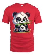 Cute Panda Soccer Tee with Bamboo and Adorable Sports Artwork - red t-shirt on white background