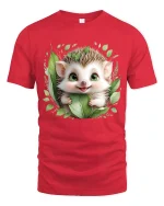 Cute Hedgehog Tee with Green Leaf Art and Big Eye Woodland Style - red t-shirt on white background
