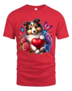 Cute Puppy Heart Tee with Flowers and Butterflies Artwork - red t-shirt on white background