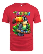 Colorful Toucan Tee with Tropical Cartoon Bird Jungle Artwork - red t-shirt on white background