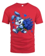 Cute Blue Bunny Bouquet Tee with Adorable Flower Art Design - red t-shirt on white background