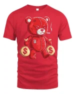 Savage Money Bear Tee with Badass Red Teddy Graphic Art - red t-shirt on white background