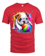 Color Splash Bulldog Tee with Cute Pup and Rainbow Ball Art - red t-shirt on white background