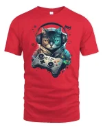 Retro Gamer Cat Tee with Headphones and Neon Controller Art - red t-shirt on white background