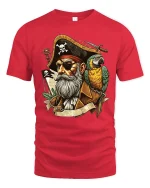 Vintage Pirate Captain Tee with Parrot and Bold Nautical Art - red t-shirt on white background