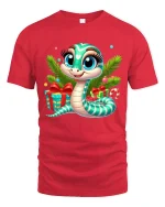 Cute Christmas Snake Tee with Gifts and Holiday Cheer Design - red t-shirt on white background