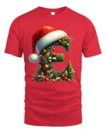 Christmas Letter E Tee Festive Santa Hat Holiday Design - red t-shirt on white background