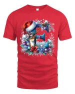 Christmas Floral E Initial Tee with Cute Deer Holiday Design - red t-shirt on white background