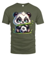 Cute Panda Soccer Tee with Bamboo and Adorable Sports Artwork - military green t-shirt on white background