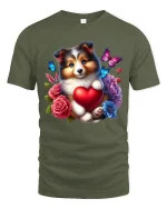 Cute Puppy Heart Tee with Flowers and Butterflies Artwork - military green t-shirt on white background