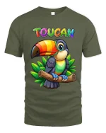 Colorful Toucan Tee with Tropical Cartoon Bird Jungle Artwork - military green t-shirt on white background
