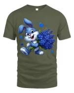 Cute Blue Bunny Bouquet Tee with Adorable Flower Art Design - military green t-shirt on white background