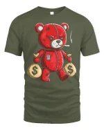 Savage Money Bear Tee with Badass Red Teddy Graphic Art - military green t-shirt on white background