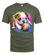 Color Splash Bulldog Tee with Cute Pup and Rainbow Ball Art - military green t-shirt on white background