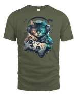 Retro Gamer Cat Tee with Headphones and Neon Controller Art - military green t-shirt on white background