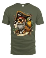 Vintage Pirate Captain Tee with Parrot and Bold Nautical Art - military green t-shirt on white background