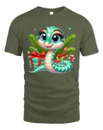 Cute Christmas Snake Tee with Gifts and Holiday Cheer Design - military green t-shirt on white background