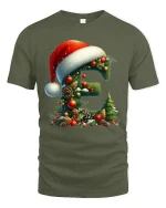 Christmas Letter E Tee Festive Santa Hat Holiday Design - military green t-shirt on white background