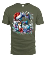 Christmas Floral E Initial Tee with Cute Deer Holiday Design - military green t-shirt on white background