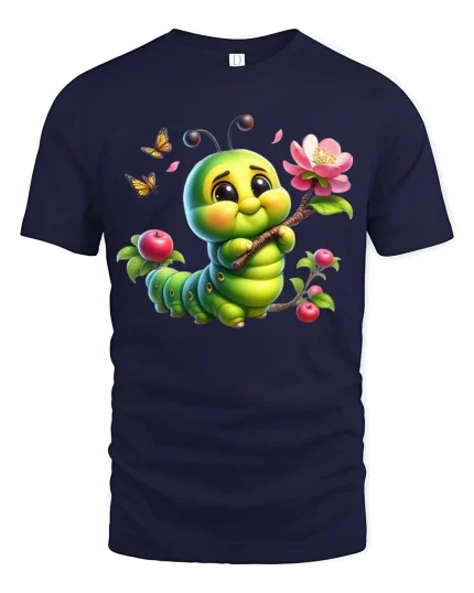 Cute Caterpillar Blossom Tee with Adorable Nature Artwork - navy t-shirt on white background