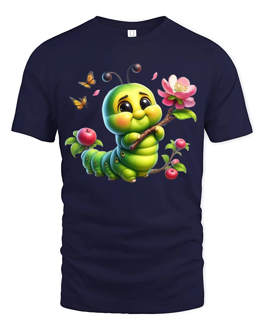 Cute Caterpillar Blossom Tee with Adorable Nature Artwork - 1 Cute Caterpillar Blossom Tee with Adorable Nature Artwork - navy t-shirt on white background
