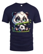 Cute Panda Soccer Tee with Bamboo and Adorable Sports Artwork - navy t-shirt on white background