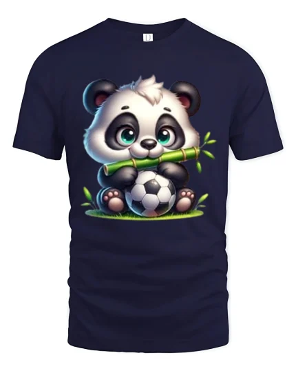 Cute Panda Soccer Tee with Bamboo and Adorable Sports Artwork - navy t-shirt on white background