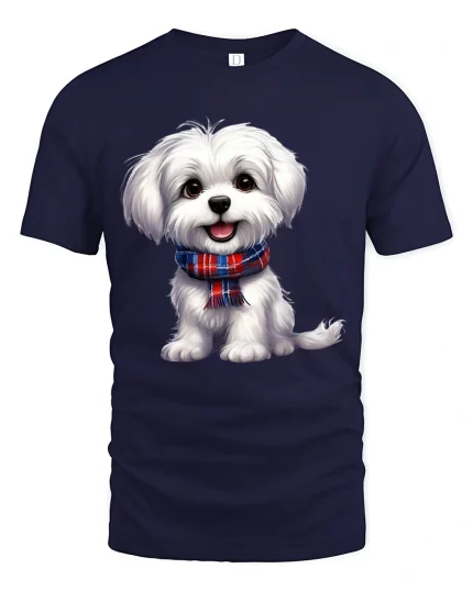 Cute White Puppy Tee with Plaid Scarf and Adorable Dog Artwork - navy t-shirt on white background