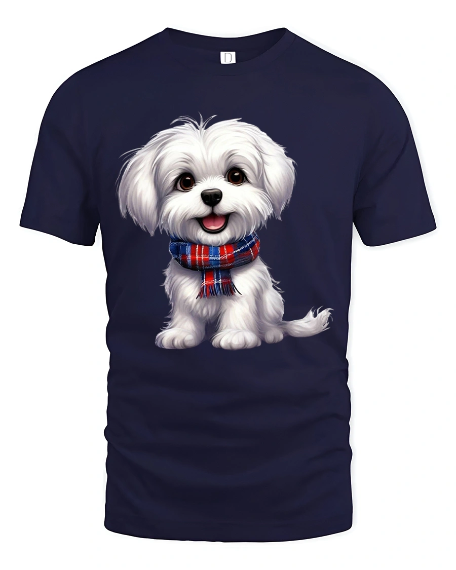 Cute White Puppy Tee with Plaid Scarf and Adorable Dog Artwork - 1 Cute White Puppy Tee with Plaid Scarf and Adorable Dog Artwork - navy t-shirt on white background
