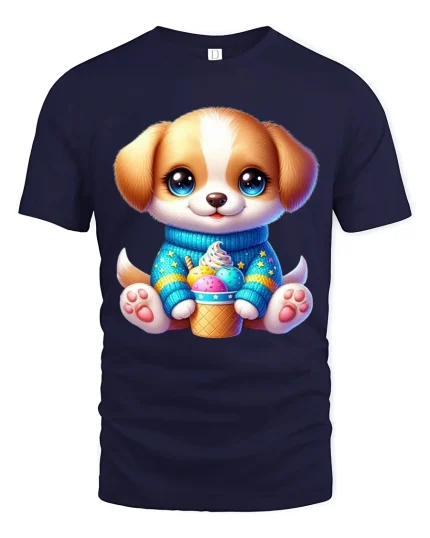 Cute Puppy Tee with Ice Cream Cone and Cozy Sweater Artwork - navy t-shirt on white background