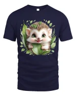 Cute Hedgehog Tee with Green Leaf Art and Big Eye Woodland Style - navy t-shirt on white background