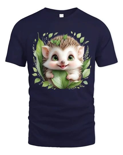 Cute Hedgehog Tee with Green Leaf Art and Big Eye Woodland Style - navy t-shirt on white background