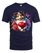 Cute Puppy Heart Tee with Flowers and Butterflies Artwork - navy t-shirt on white background