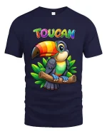 Colorful Toucan Tee with Tropical Cartoon Bird Jungle Artwork - navy t-shirt on white background