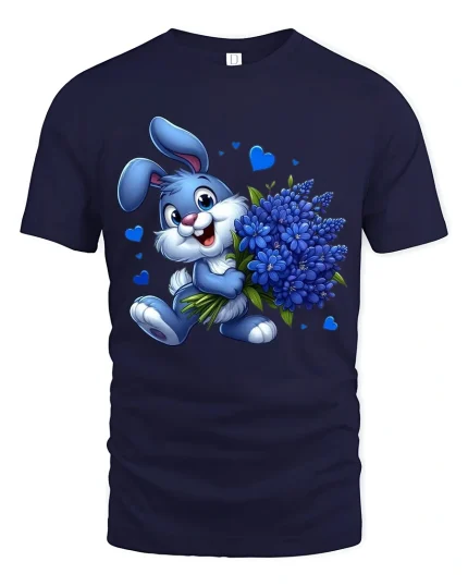Cute Blue Bunny Bouquet Tee with Adorable Flower Art Design - navy t-shirt on white background
