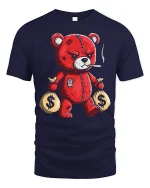Savage Money Bear Tee with Badass Red Teddy Graphic Art - navy t-shirt on white background
