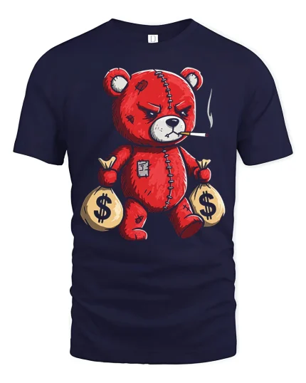 Savage Money Bear Tee with Badass Red Teddy Graphic Art - navy t-shirt on white background