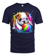 Color Splash Bulldog Tee with Cute Pup and Rainbow Ball Art - navy t-shirt on white background