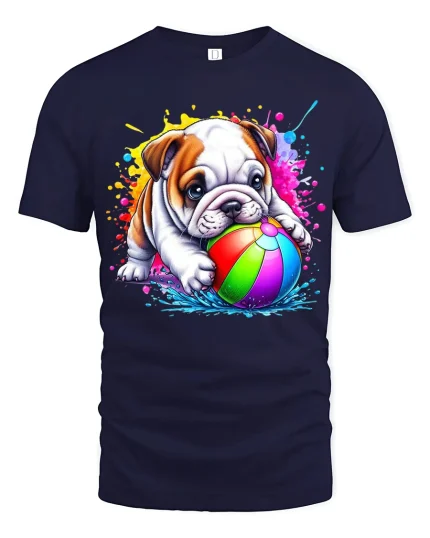 Color Splash Bulldog Tee with Cute Pup and Rainbow Ball Art - navy t-shirt on white background