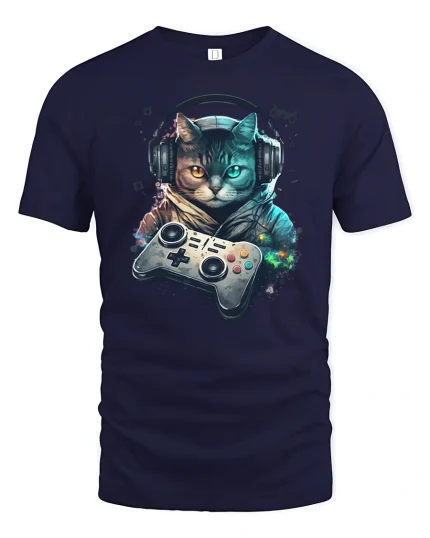 Retro Gamer Cat Tee with Headphones and Neon Controller Art - navy t-shirt on white background