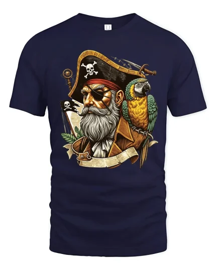 Vintage Pirate Captain Tee with Parrot and Bold Nautical Art - navy t-shirt on white background